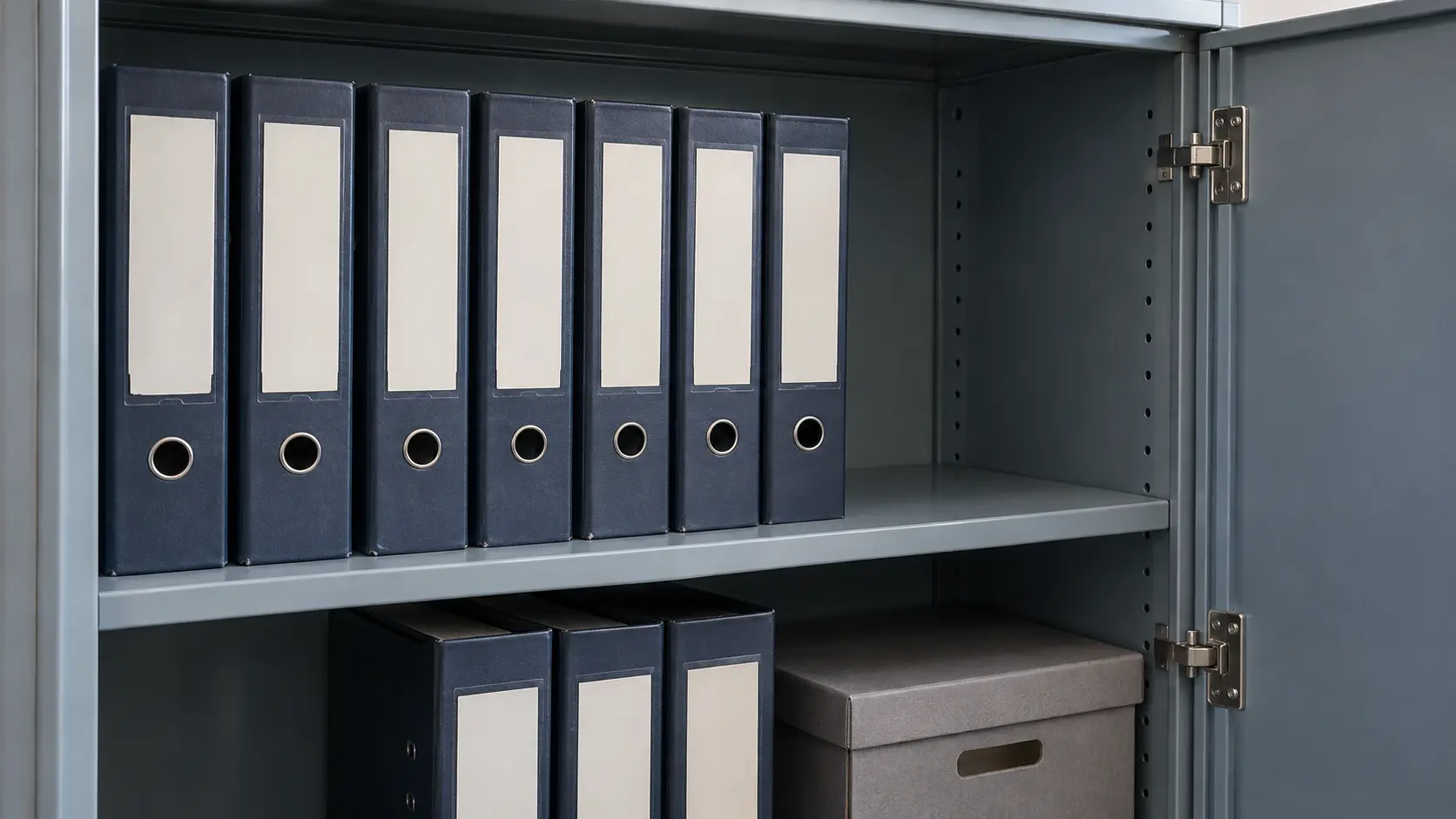 Blue binders on the shelves of a metal cabinet with free space and an open door.
